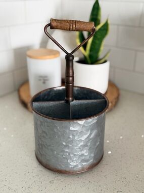 Galvanized Metal Utensil Caddy with Wood Handle